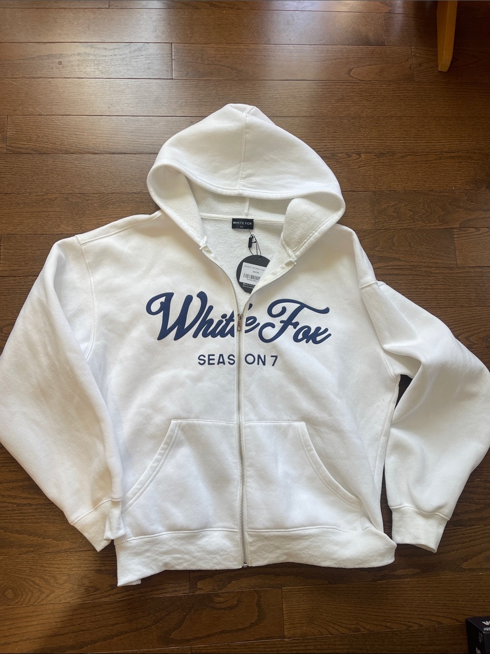 White Fox Boutique White Zip-Up Hoodie with Navy Script, Snow
